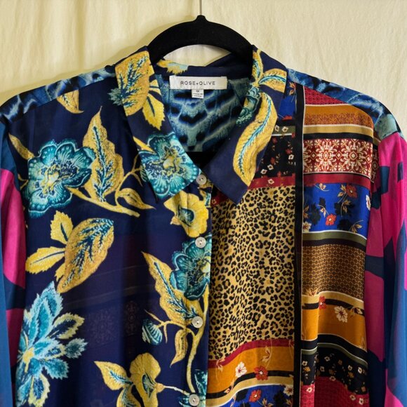 Rose & Olive Floral Colorful Button Up 3/4 Sleeve Relaxed Blouse/Top Size 1X - Picture 4 of 10